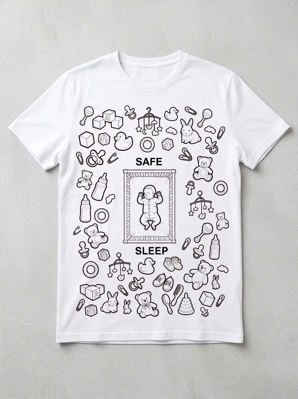 White Safe Sleep t-shirt featuring illustrated baby-care icons